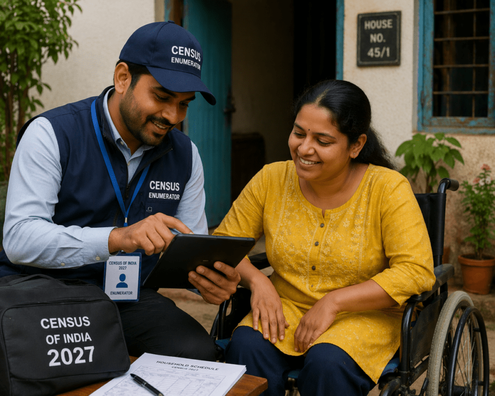 Enumerator helping a person with disability during census data collection”